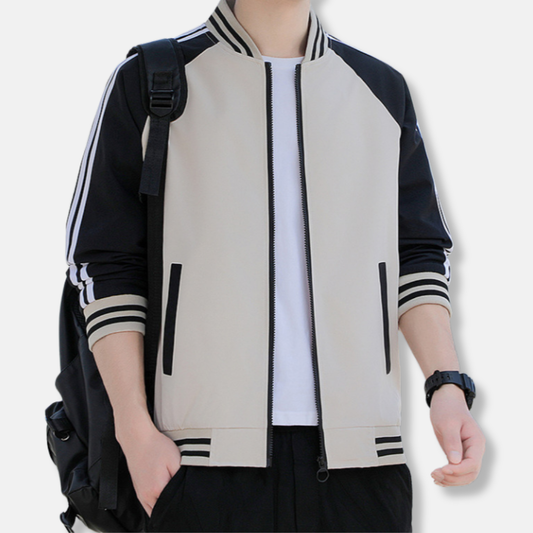 Men's Bomber Jacket – Relaxed Fit – Breathable Lightweight Fabric – Ribbed Trims – Striped Sleeves
