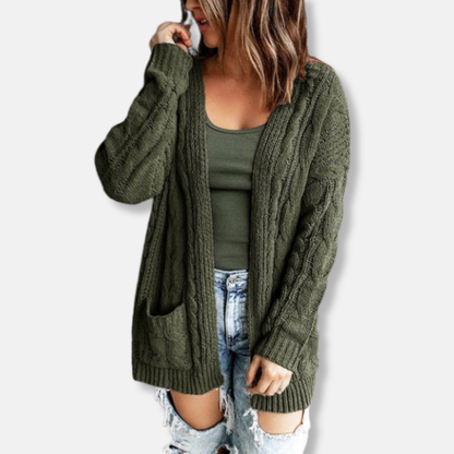 Women's Cardigan – Knit – Relaxed Fit – Cable Knit – Open Front – Pockets