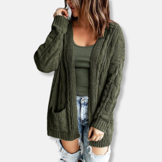 Women's Cardigan – Knit – Relaxed Fit – Cable Knit – Open Front – Pockets