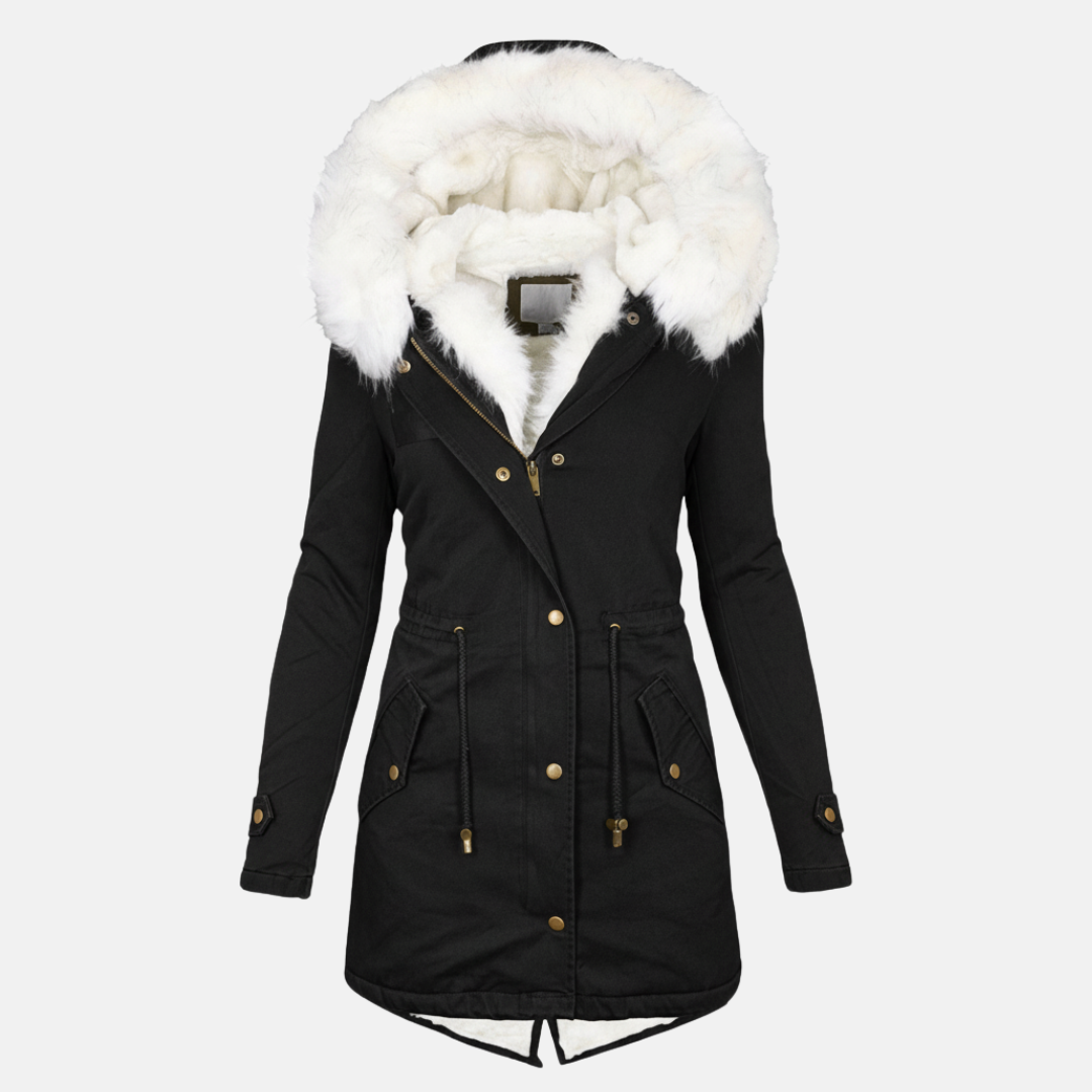 Women's Parka Jacket - Long Model - Water-Repellent - Faux Fur Hood - Adjustable Waist