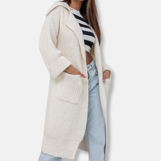 Women's Long Knit Coat – Oversized Fit – Hood – Ribbed Texture – Pockets