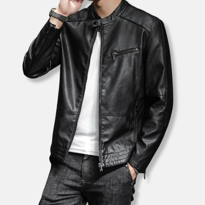 Men's Biker Jacket – Slim Fit – Glossy Look – Stand Collar – Zipper Pockets