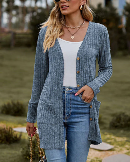 Women's Cardigan – Relaxed Fit – Ribbed Knit – Button Closure – With Pockets