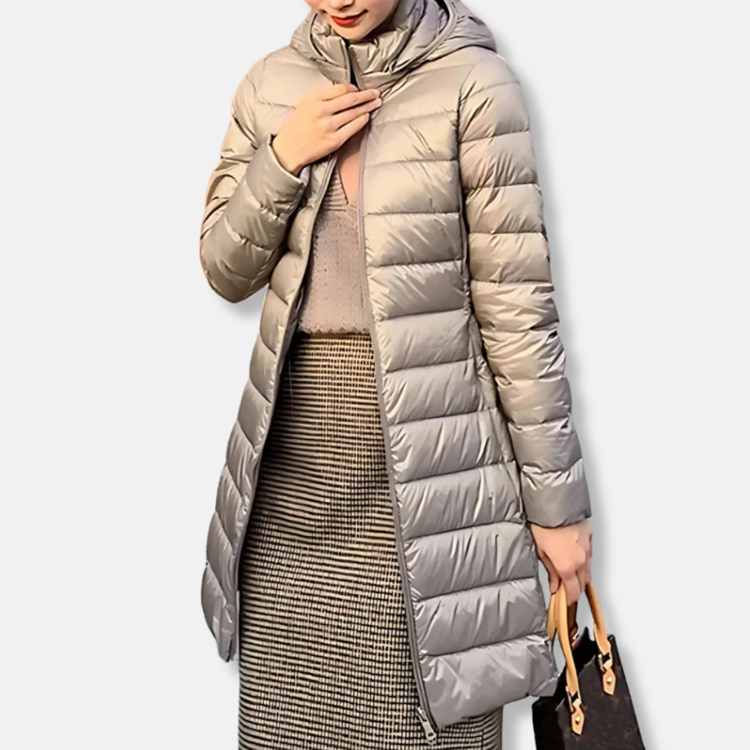 Isla Nylon Puffer Jacket | Quilted Hooded Mid-Length Jacket