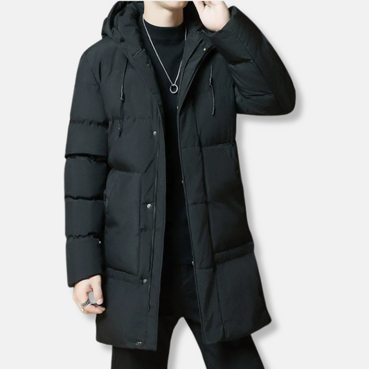 Men's Long Padded Jacket - Windproof and Water-Repellent - With Hood and Zipper Closure