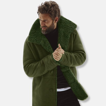 Men’s Coat - Woven Fabric - Relaxed Fit - Mid-Thigh Length - Shearling Collar