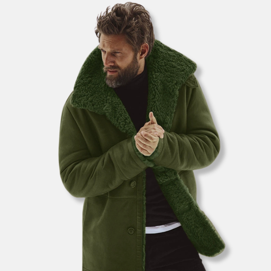 Men’s Coat - Woven Fabric - Relaxed Fit - Mid-Thigh Length - Shearling Collar