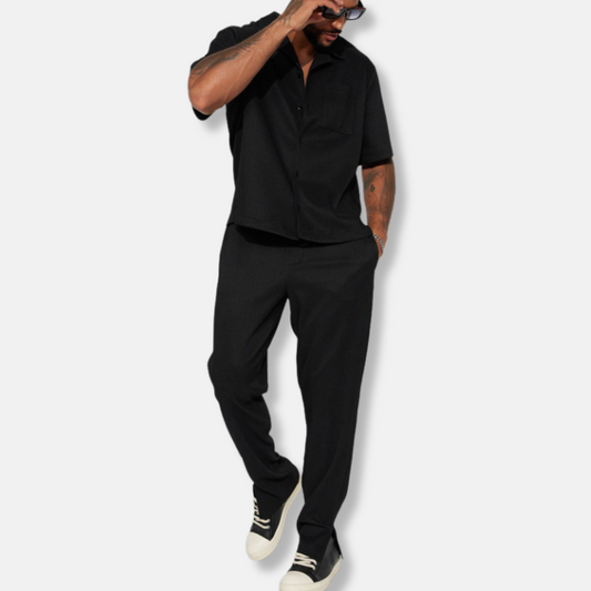 Men's Set – Relaxed Fit – Short-Sleeved Shirt with Collar – Long Pants – Breathable Fabric