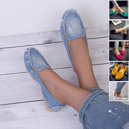 Dame Loafers - Denim Stoff - Slip-on - Flade Komfortable Sko med Metallisk Detalje