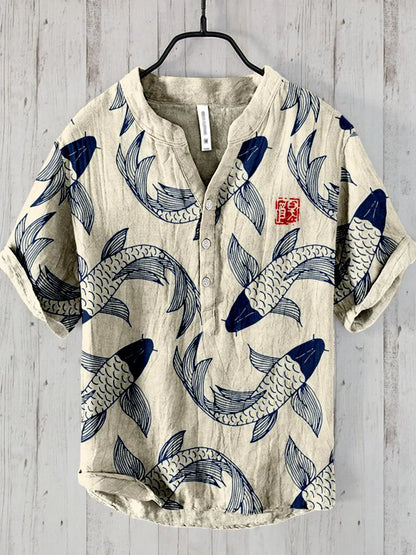 Men's Shirt – Relaxed Fit – Breathable Linen Blend – Fish Motif Print