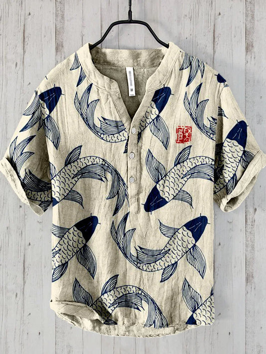 Men's Shirt – Relaxed Fit – Breathable Linen Blend – Fish Motif Print