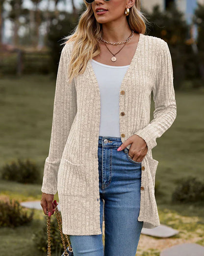 Women's Cardigan – Relaxed Fit – Ribbed Knit – Button Closure – With Pockets