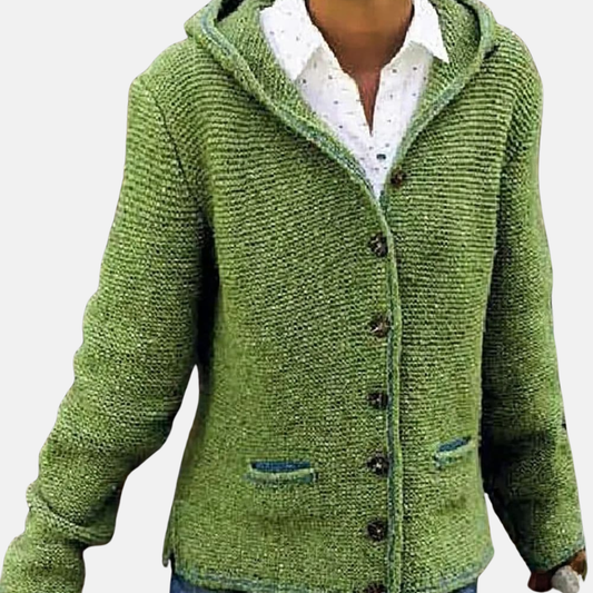 Isla Wool Hooded Cardigan | Button Front Ribbed Knit Cardigan