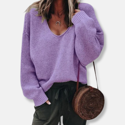 Women's Knit Sweater – Relaxed Fit – Deep V-Neck – Long Sleeves – Soft Wool Knit