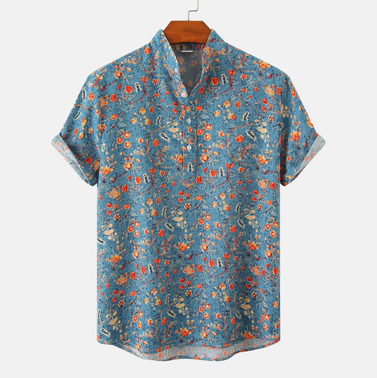 Men's Shirt with Short Sleeves – Relaxed Fit – Breathable Fabric – Mandarin Collar – Floral Pattern