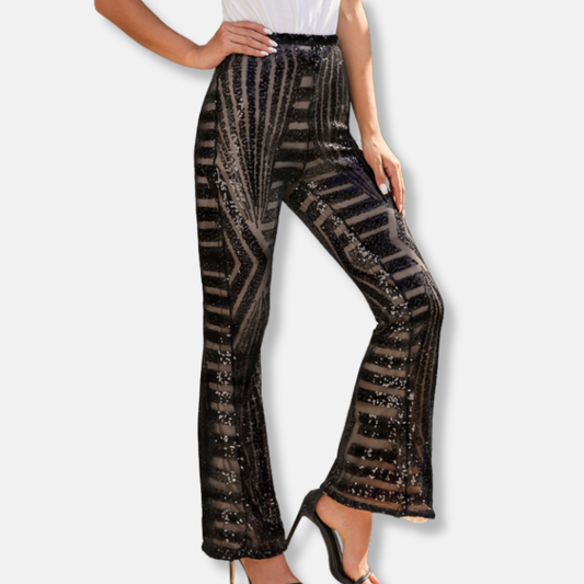 Women's Pants – High Waist – Sequin Pattern – Wide Leg – Elegant Full Length
