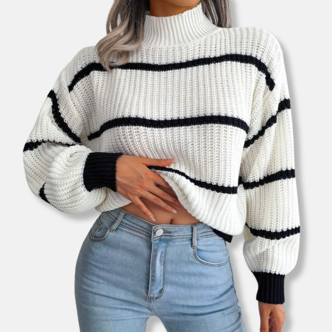 Women's Knit Sweater - Soft Ribbed Turtleneck - Relaxed Fit - Classic Stripes
