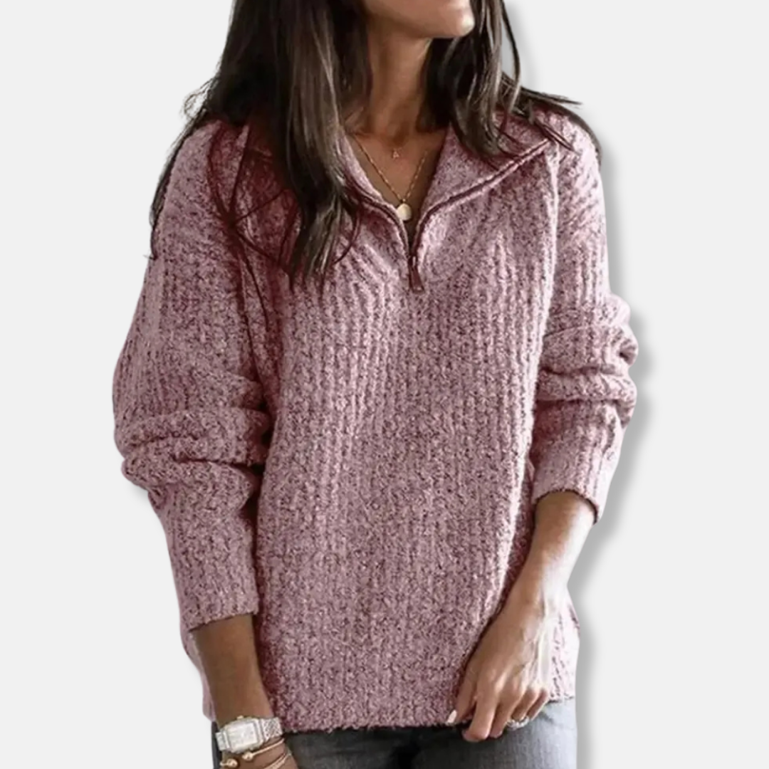 Women's Sweater with Half-Zip – Relaxed Fit – Chunky Knit – Soft Wool Texture
