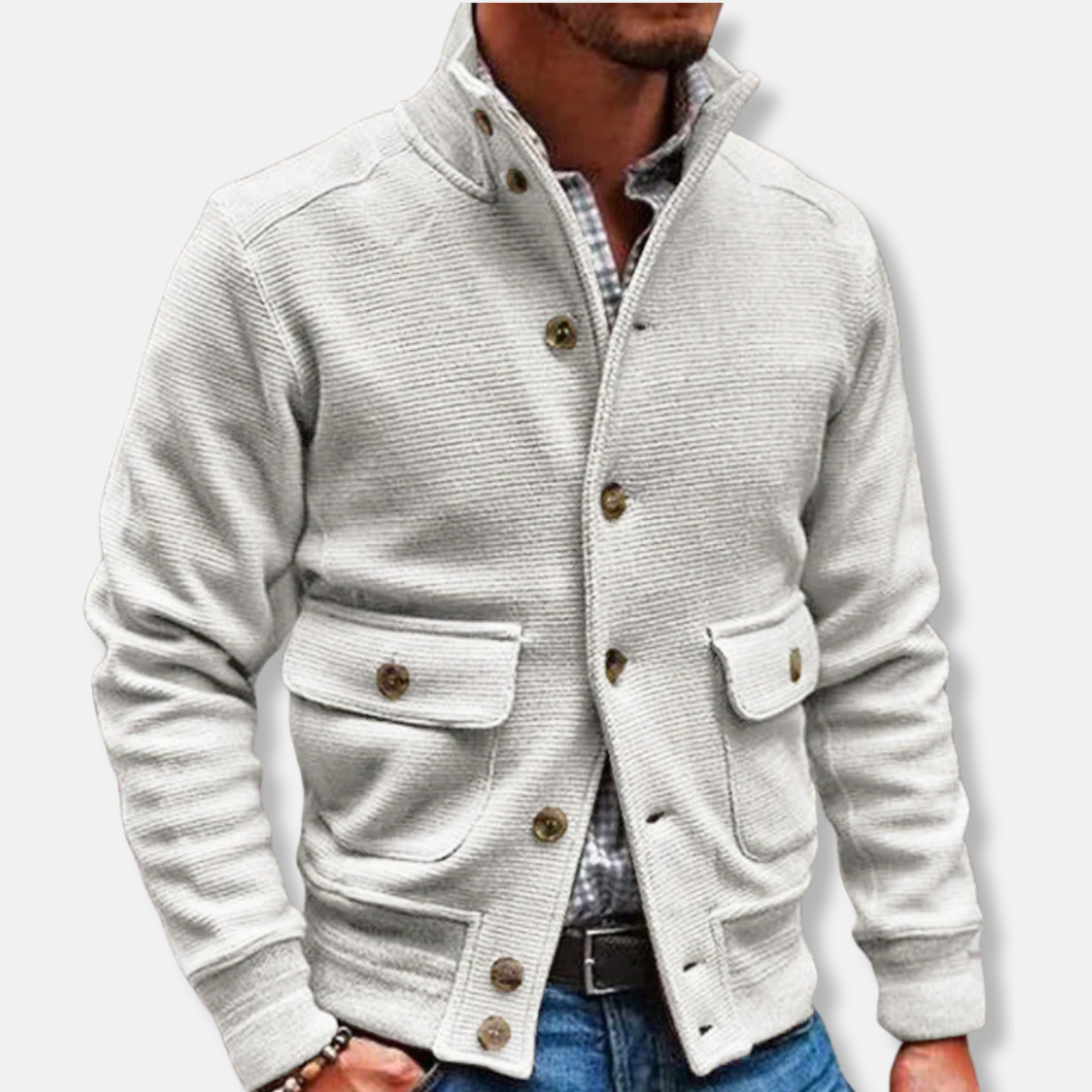 Men's Jacket – Slim Fit – Ribbed Texture – High Collar – Button Closure – Flap Pockets