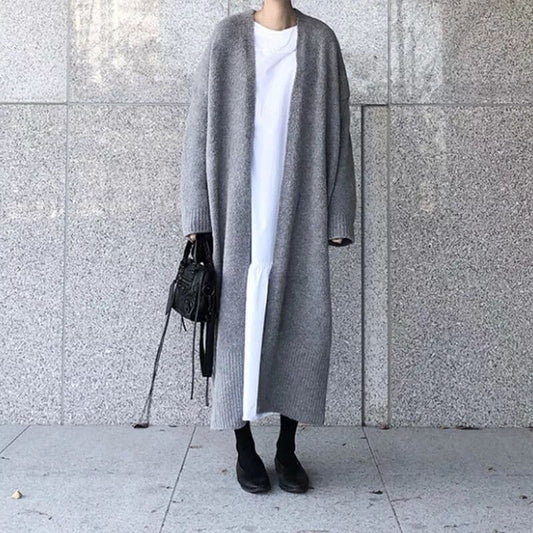 Lang Damecardigan - Blød Uldblanding - Åben Front - Oversized Pasform