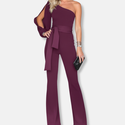 Women's Jumpsuit – One Shoulder – Slim Fit – Belted Waist – Flared Leg