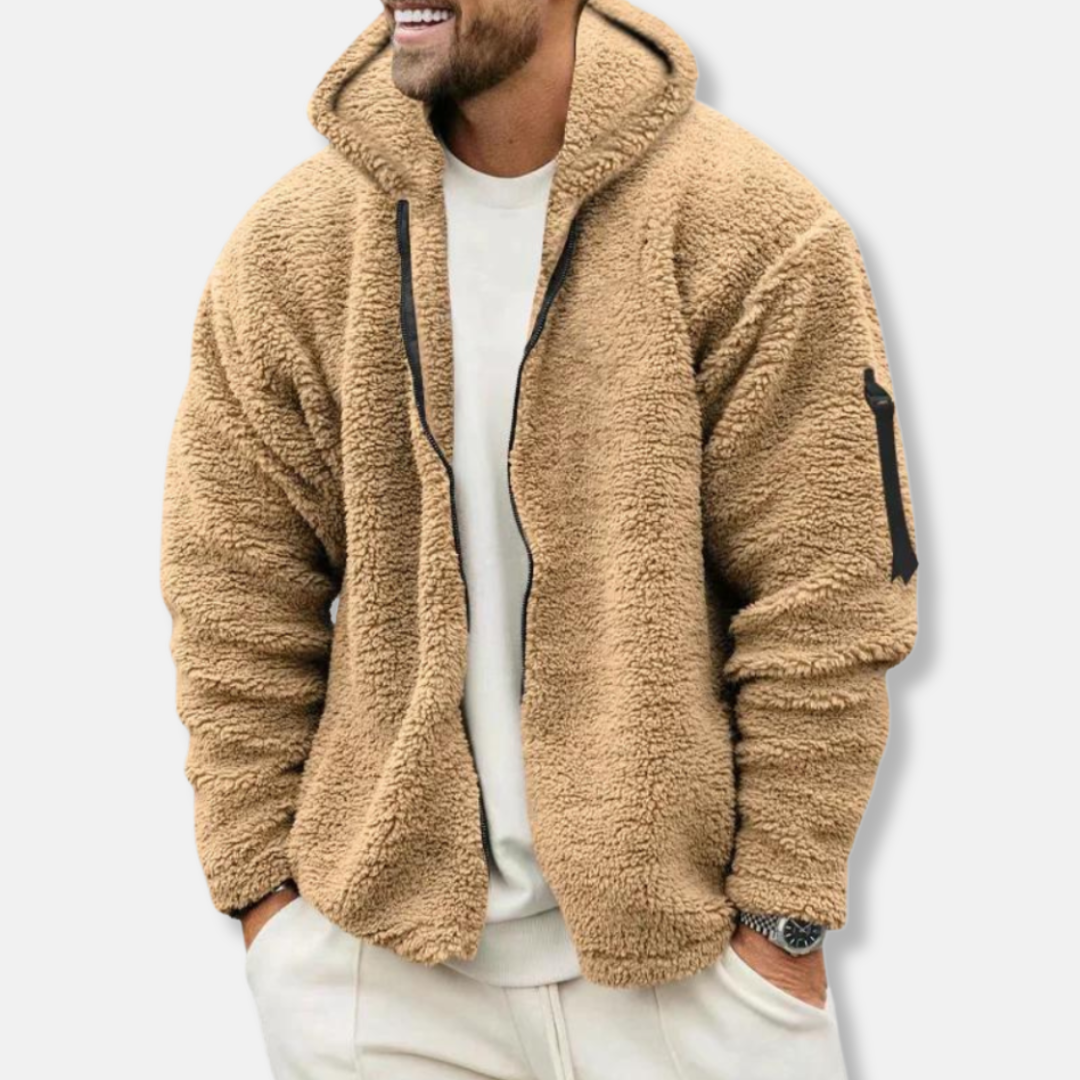 Men's Zip-Up Hoodie – Sherpa Fleece – Relaxed Fit – Hood – Ribbed Edges
