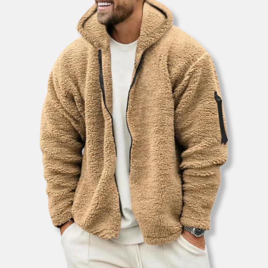 Men's Zip-Up Hoodie – Sherpa Fleece – Relaxed Fit – Hood – Ribbed Edges