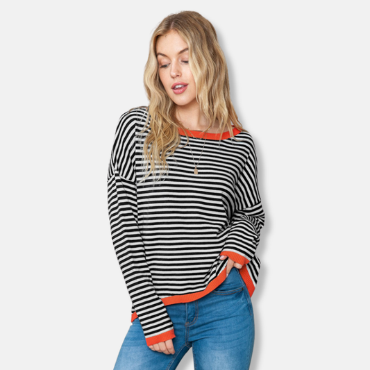 Sophia Cotton Relaxed Fit Sweater | Boat Neck Striped Sweater