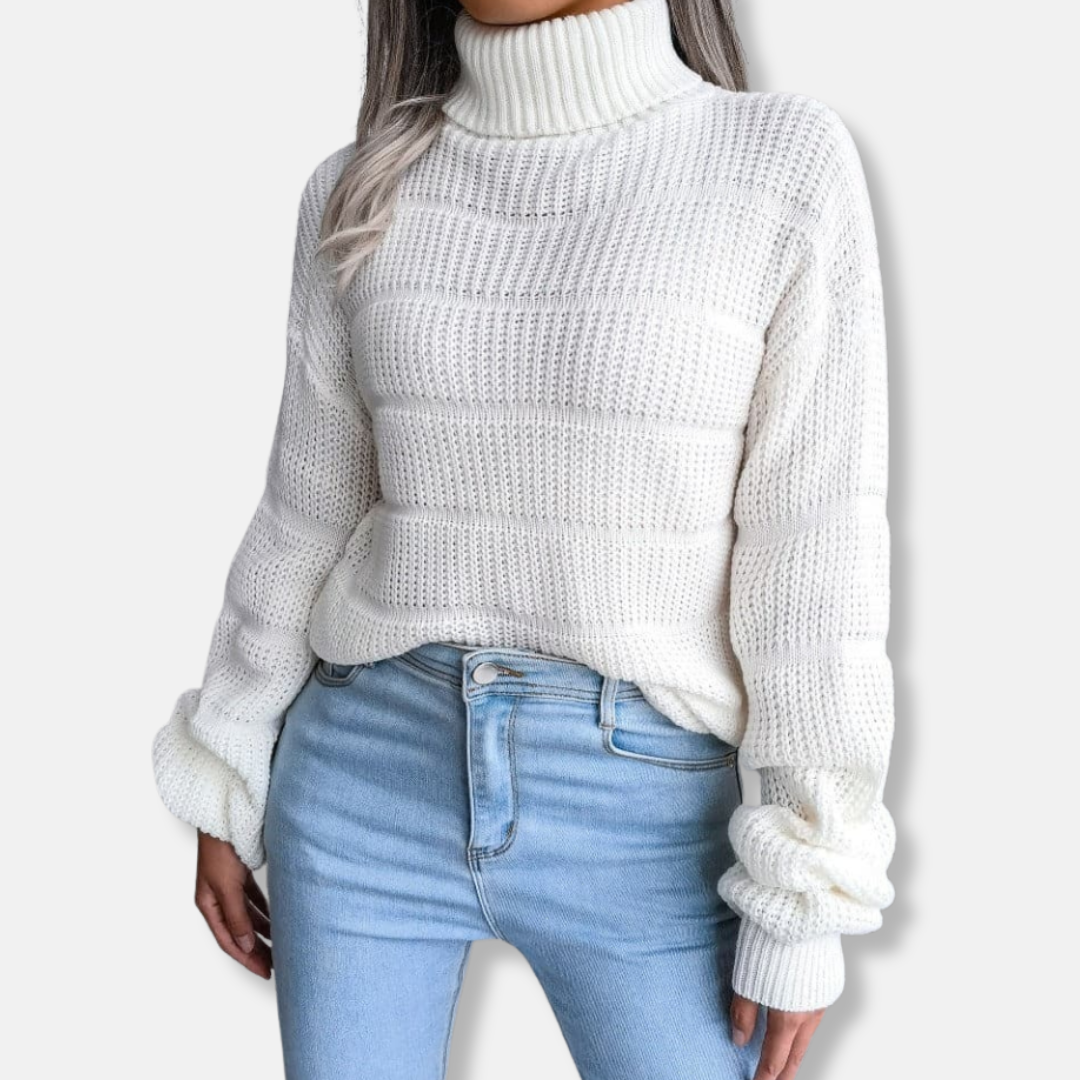 Women's Turtleneck Sweater - Soft Knit - Ribbed Design - Loose Fit - Long-Sleeved