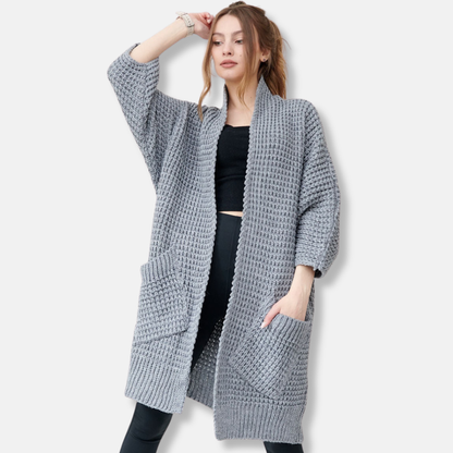 Women's Coat in Knit – Oversized Fit – Open Front – Patch Pockets – Ribbed Edges