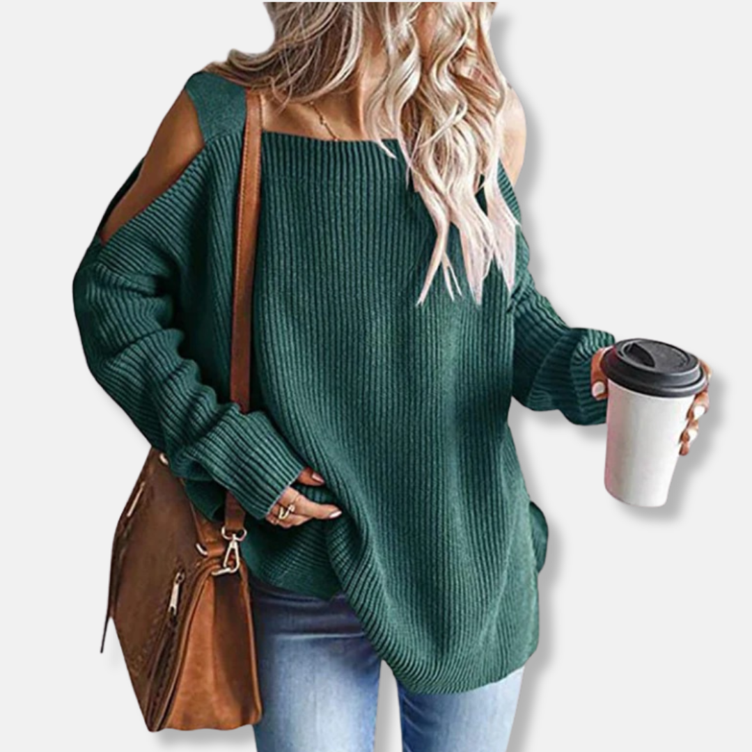 Women's sweater - Open shoulder knit - Loose fit - Ribbed texture