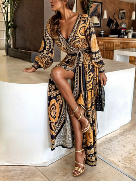 Dress for Women – Maxi Length – Bohemian Print – V-Neck – Wrap Design – Long Sleeves