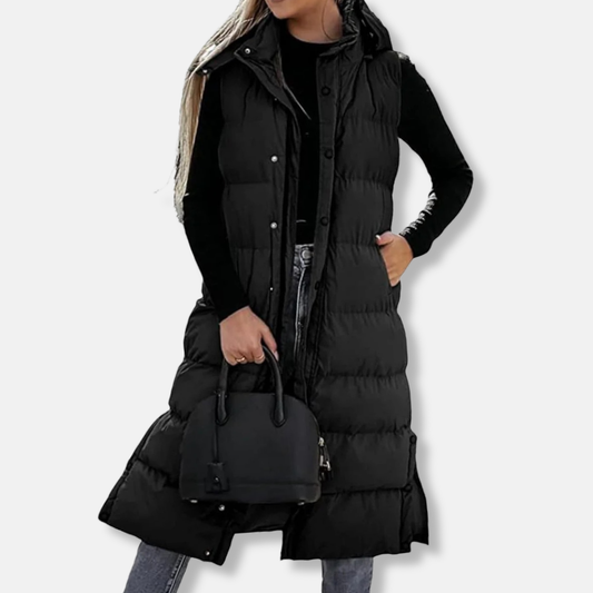 Veronica Long Puffer Vest | Quilted Hooded Sleeveless Vest