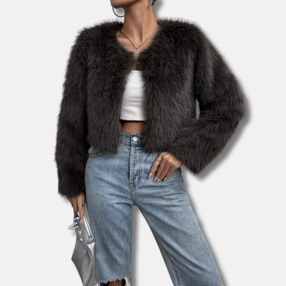 Women’s Coat - Faux Fur - Cropped Length - Open Front - Collarless - Long Sleeve