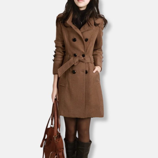 Women's Trench Coat - Wool Blend - Double Breasted Buttons - Belted Waist - Classic Cut