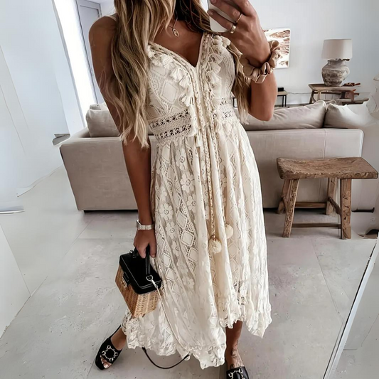 Women's Midi Dress – Relaxed Fit – Lace Details – Spaghetti Straps – Boho Look