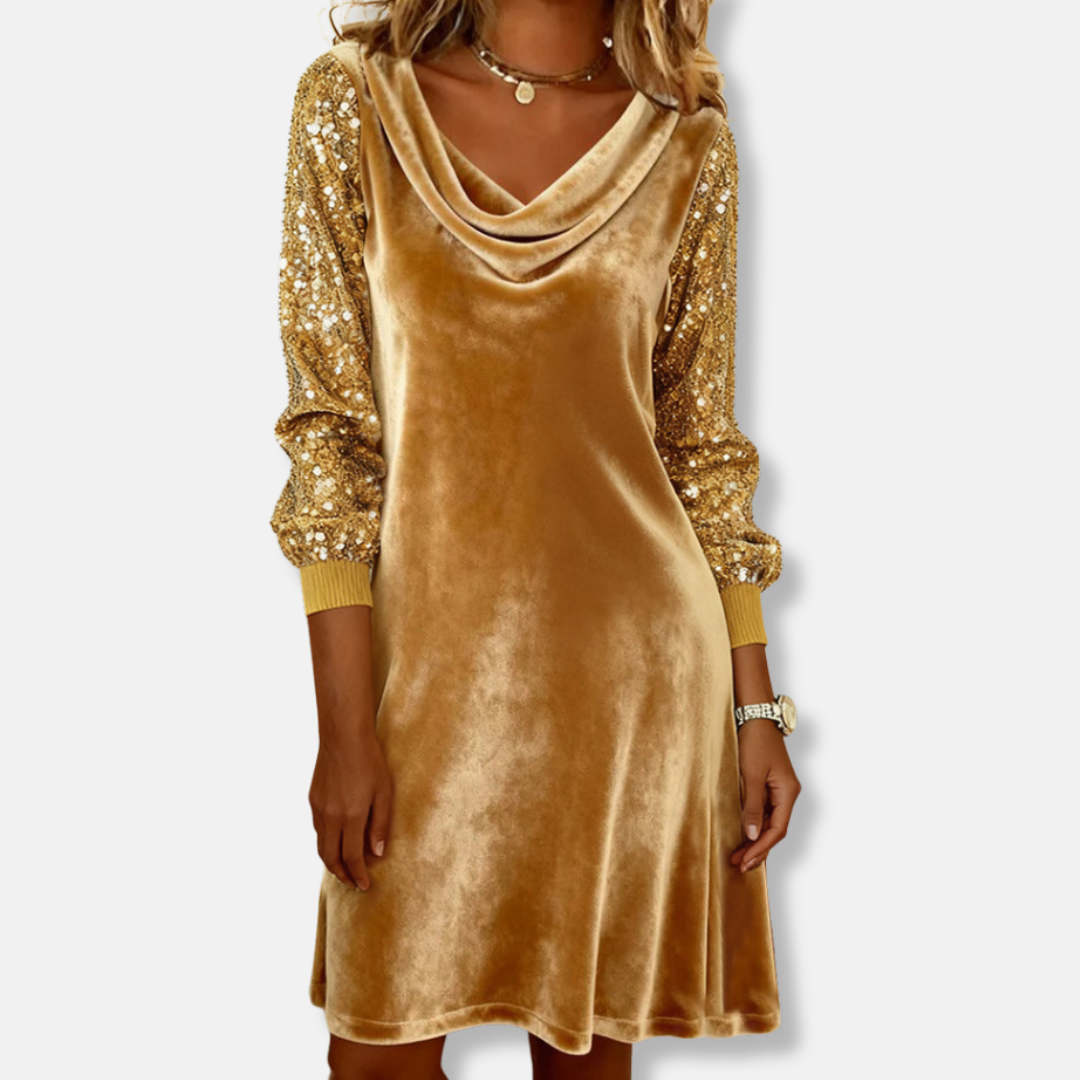 Sophia Shift Mini Dress | Cowl Neck Sequined Sleeves Dress
