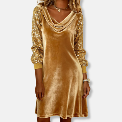 Sophia Shift Mini Dress | Cowl Neck Sequined Sleeves Dress
