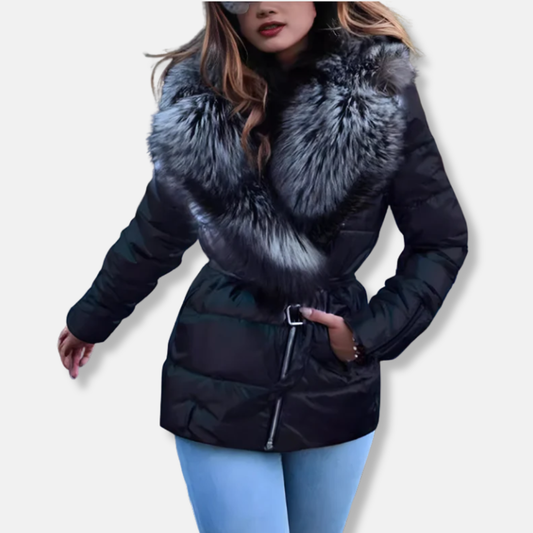 Isabella Quilted Puffer Jacket | Oversized Faux Fur Collar Belted Jacket