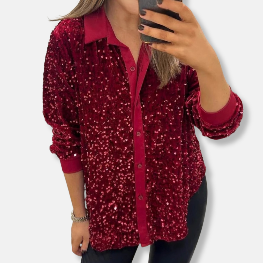 Women's Shirt – Relaxed Fit – Sequin Texture – Long-Sleeved Party Look