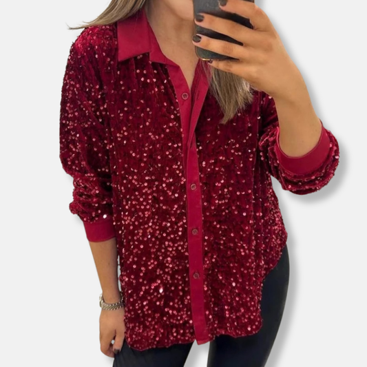 Women's Shirt – Relaxed Fit – Sequin Texture – Long-Sleeved Party Look