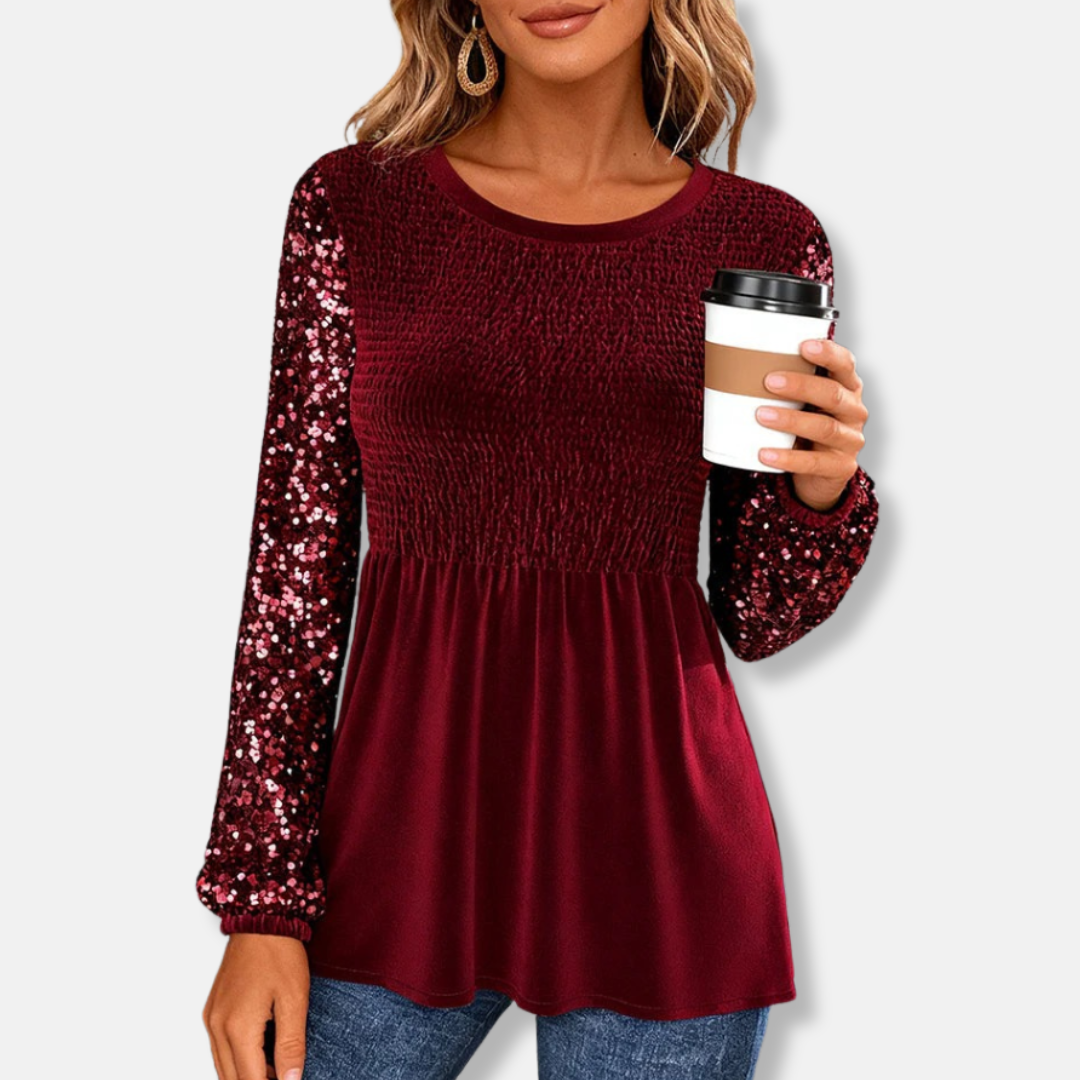 Amelia Peplum Top | Smocked Bodice Sequin Sleeves Peplum Top
