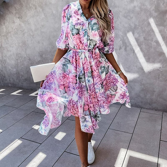 Dame Midikjole – Blomstret Print – V-Hals med Knapper – Elastisk Talje – 3/4 Ærmer