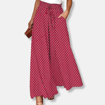 Women's Trousers with Wide Legs – Breathable Fit – Polka Dot Pattern – Drawstring Waist – Casual Style