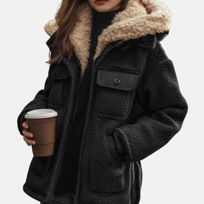 Sophia Fleece Relaxed Fit Coat | Sherpa Lined Hooded Zipper Coat