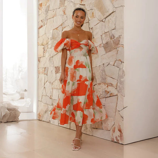 Women's Off-Shoulder Dress - Floral Print - Light and Elegant - Midi Length - Puff Sleeves