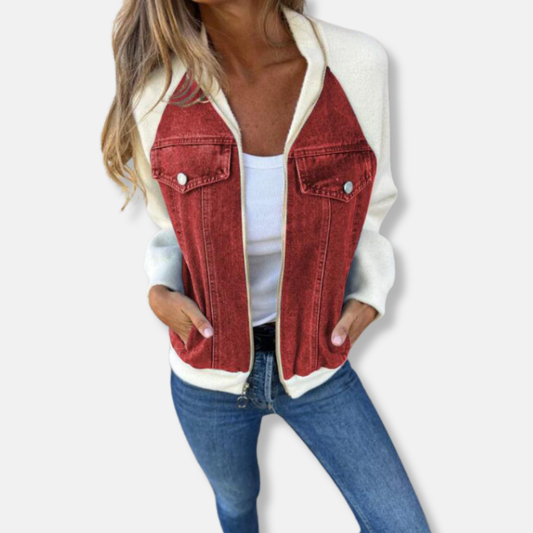 Women's Bomber Jacket – Relaxed Fit – Wool Look – Denim Details – Zipper Closure