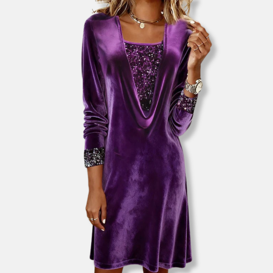 Isla Sequin Embellished Draped Knee-Length Dress | Cowl Neck Long Sleeve Dress
