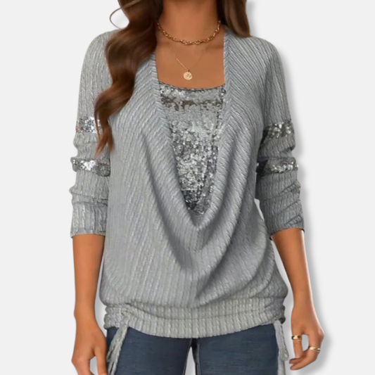 Isla Sequin Embellished Cowl Neck Blouse | Relaxed Fit Hip-Length Blouse