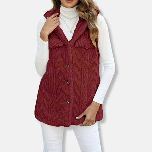 Women's Vest With Hood – Fuzzy Knit – Button Closure – Relaxed Fit – Chest Pockets